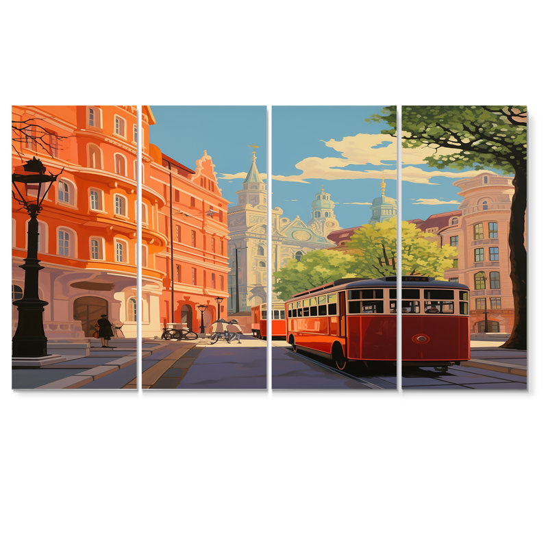 «Vintage Metro in Sunny Barcelona - Train», art mural sur toile 4 pièces, H 32 po x l 64 po