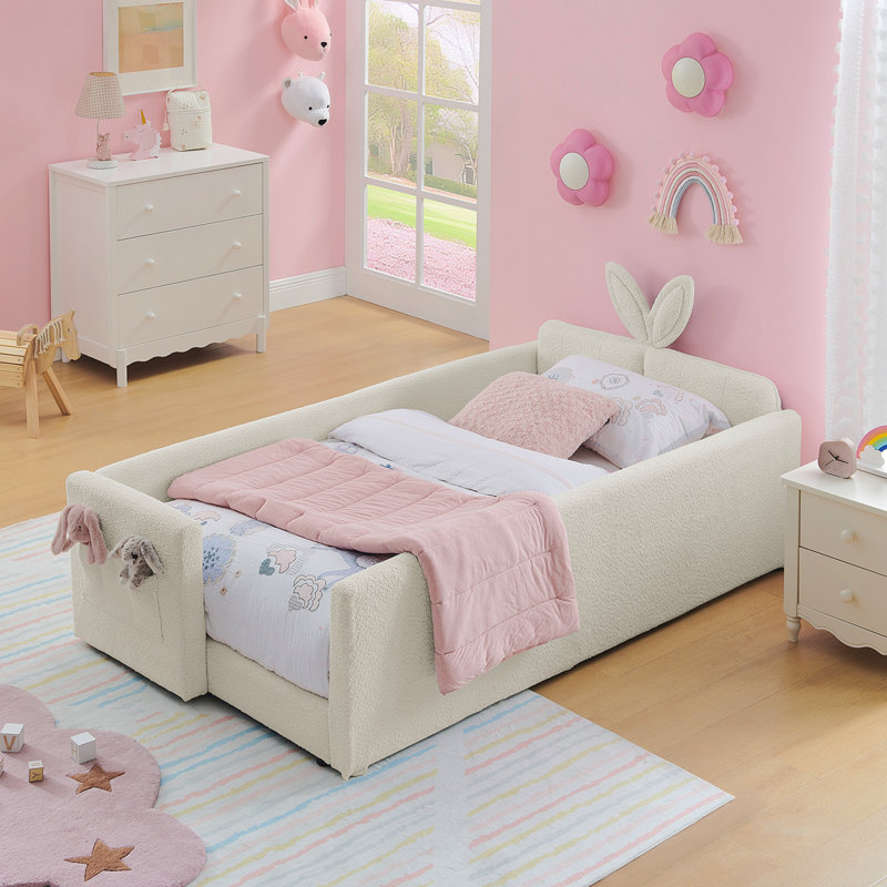 Twin Size Upholstered Platform Bed With Cute Rabbit Ear Shaped Headboard, With Safety Rail And Pocket, Boucle Fabric, Beige