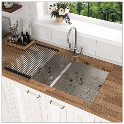 33x19 Undermount Double Bowl Kitchen Sink in 16 Gauge Stainless Steel with 9 Inch Deep Basins, Durable and Easy to Clean