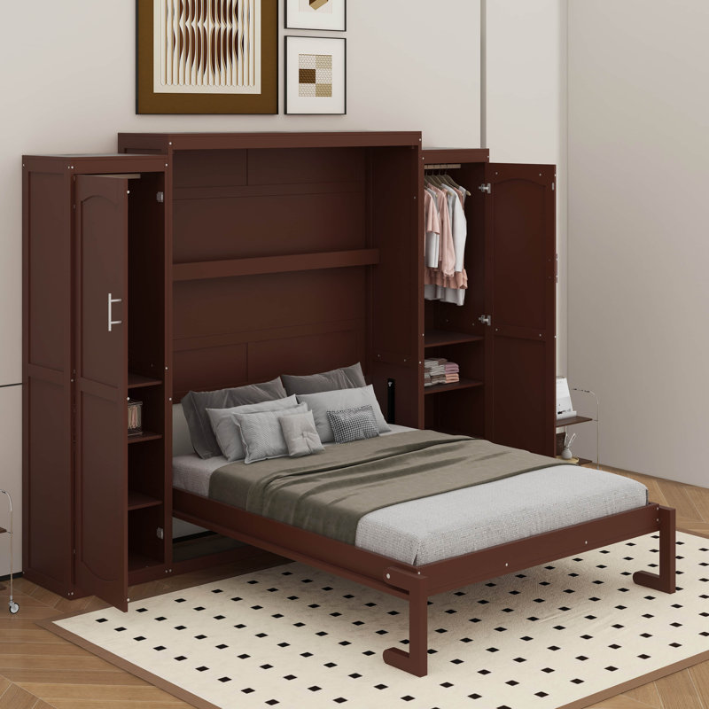 Lit escamotable avec 2 garde-robes et tablette de rangement, Noyer, Lit double