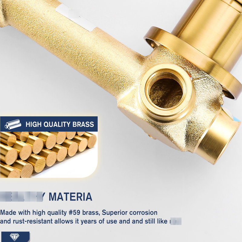 Bathroom Wall Mount Faucet, Brushed Gold, Lever Handle, 11.68 In. Depth, Reliable Build Gold Tap For Bath, Single Handle 2 Holes, 360-Degree Swivel, Convenient Operation