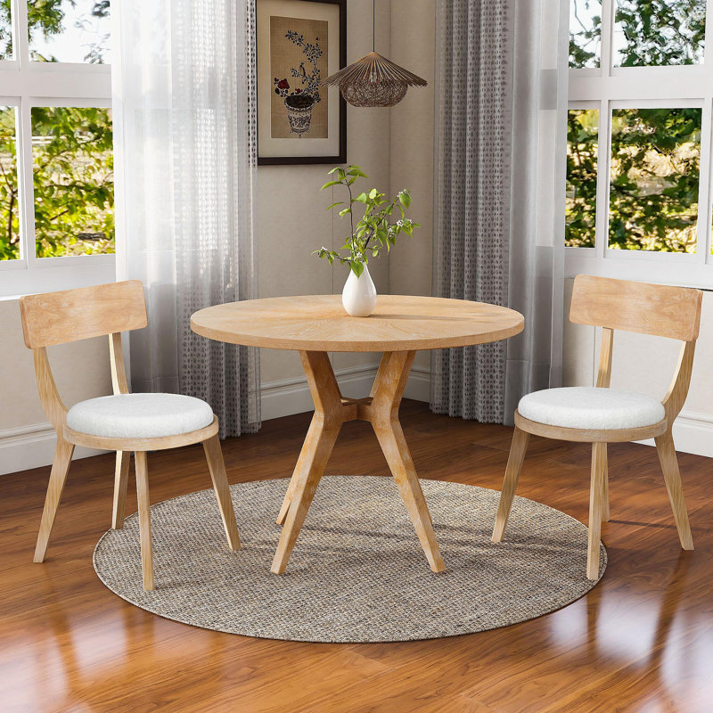 Ensemble de 2 chaises de salle à manger rembourrées modernes, bois d'hévéa, naturel et beige
