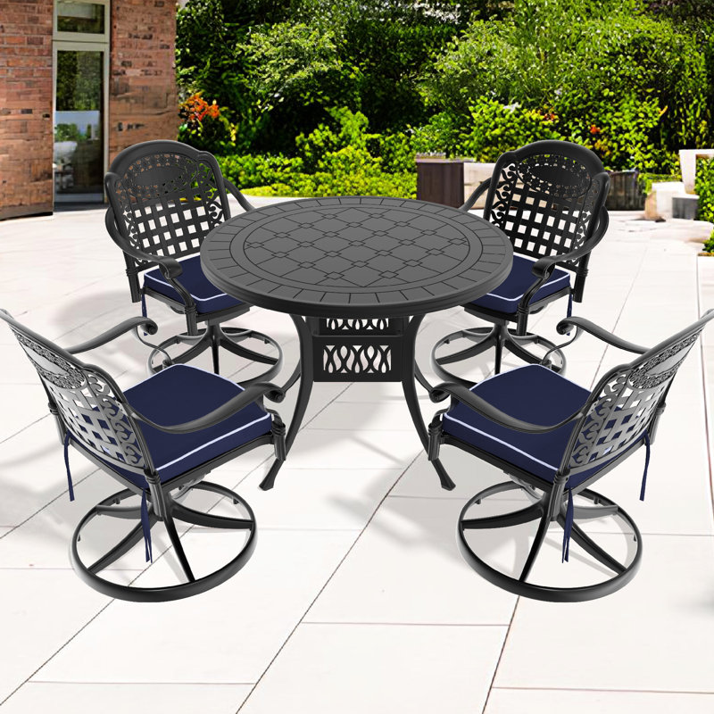 5 All-Weather Cast Aluminium Dining Ensemble - 4 Swivel Chairs & 39.37" Round Table, Black, Graceful Design Build, Comfortable Seating, Cushions Outdoor Configuration Design,
