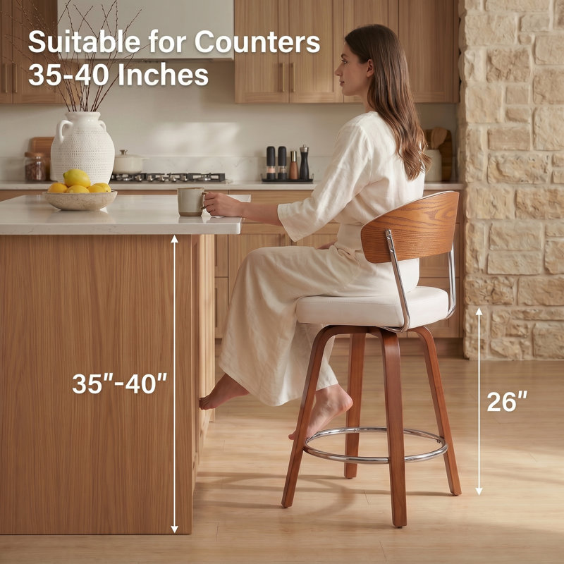 Swivel Beige Bar Stools Set of 4, 26" Upholstered Counter Height Bar Stools with Back and Wood Legs, Faux Leather Modern Barstools for Kitchen Counter