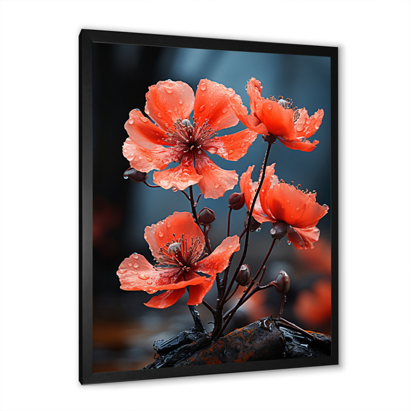Corail, fleurs, coquelicot, noir, floral, salon, art mural, H 20 po x l 12 po x P 1 po, Cadre photo noir