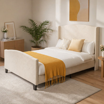 Structure de grand lit avec tête de lit tapissier à dossier haut de 49,21 po et pied de lit de 27,17 po de hauteur, velours en peluche, support à 12 lattes, pieds en bois massif, aucun sommier tapissier requis (beige)