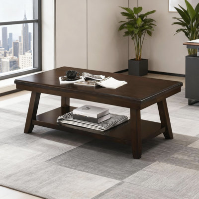 Table basse moderne en placage de noyer avec tablette inférieure, pieds en bois d'hévéa massif, grande console de 47 po pour le salon