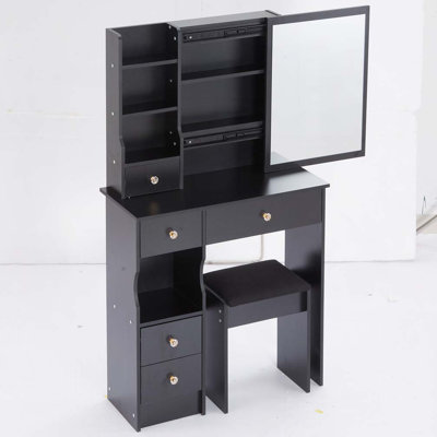 29.2" Small Space Left Drawer Desktop Vanity Table + Cushioned Stool, Extra Large Right sliding mirror, Multi Layer High Capacity Storage, Practical Fashionable Dresser, Suitable For Small Space