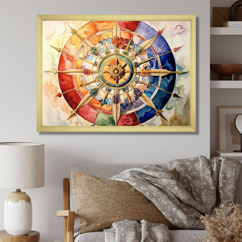 La roue religieuse du dharma sur toile, Encadrement doré, H 16 po x l 32 po x P 1 po