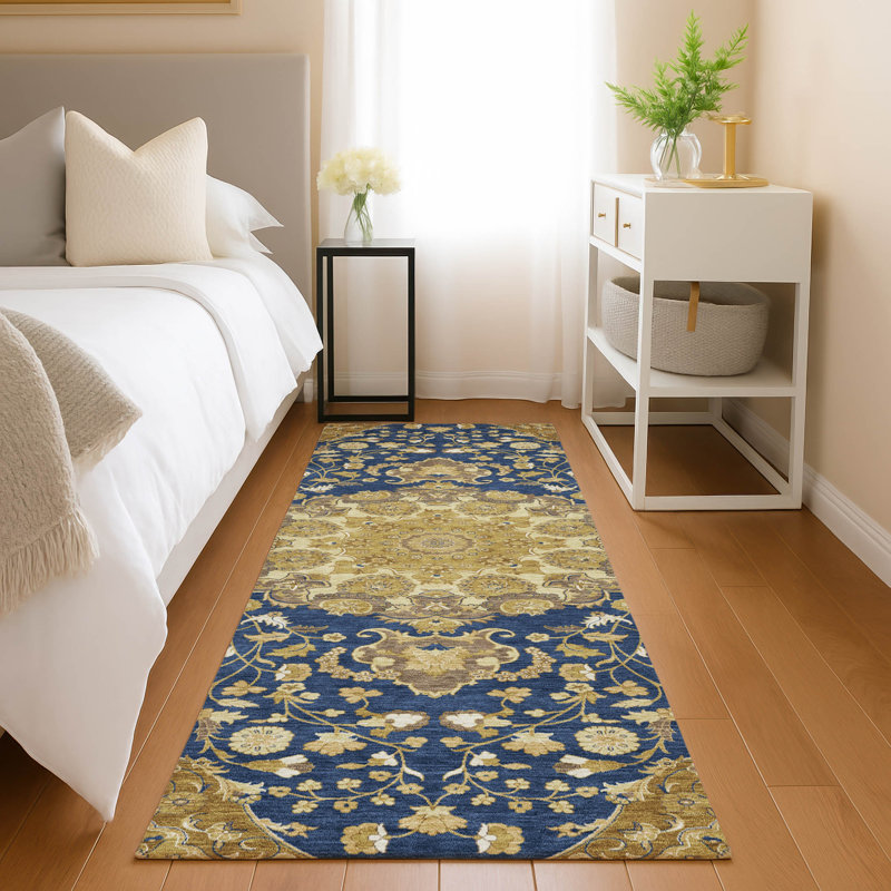 Tapis damassé intérieur / extérieur lavable à la machine ACN2611, Marine, Tapis de couloir 2 pi 3 po x 7 pi 6 po