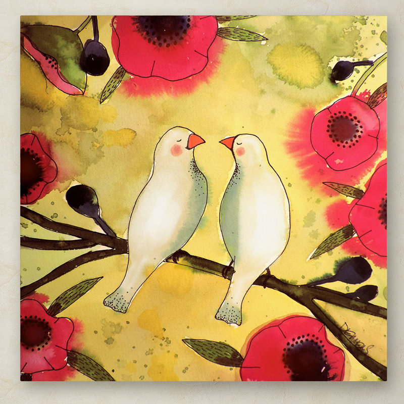 Sylvie Demers Pink Floral Canvas with White Birds, 14" x 14"