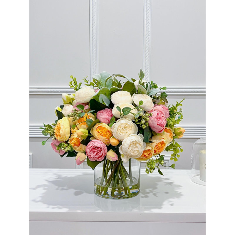 17 Inch Multicolor Real Touch Rose and Silk Peony Centerpiece in Clear Glass Vase, Yellow Pink White Faux Floral Arrangement for Dining Table and Wedding Decor