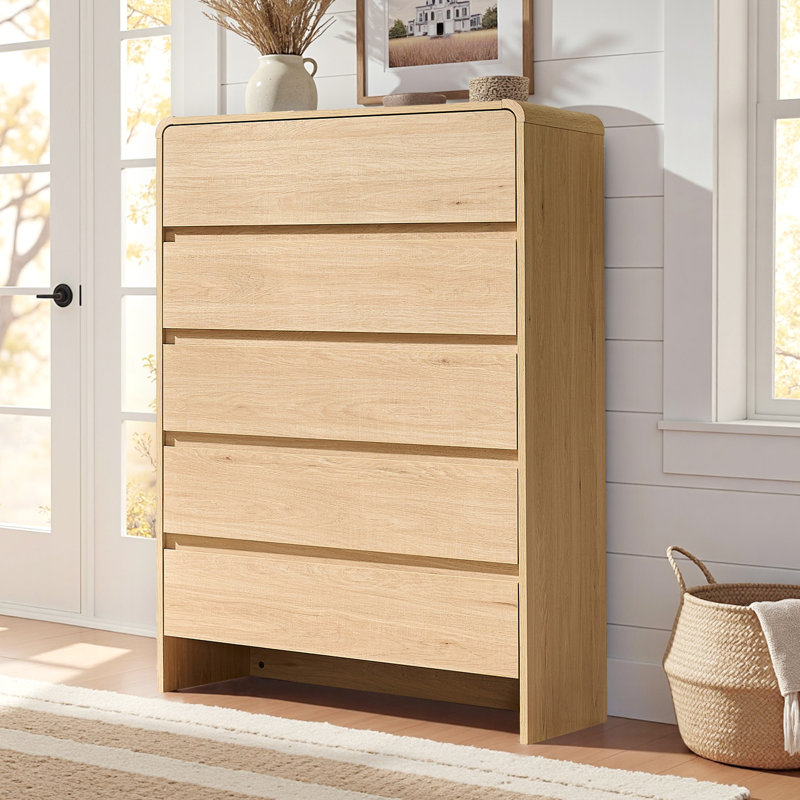 Modern Tall 5-Drawer Dresser with Curved Corner Design and Soft-Close Function, Beige