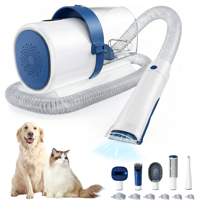 Pro 5-in-1 Dog Grooming Kit, Pet Fur Vacuum with Shears, Grooming Hair Dryer, White/Blue