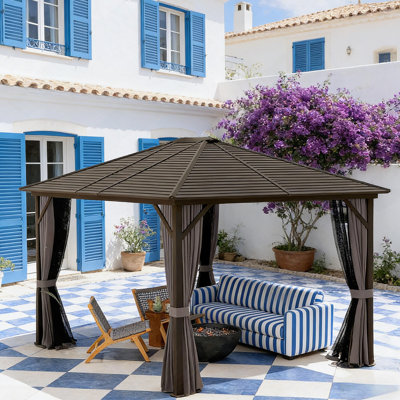 Pavillon de jardin à toit rigide d'extérieur durable avec parois latérales en maille et rideaux d'intimité pour une utilisation toute l'année