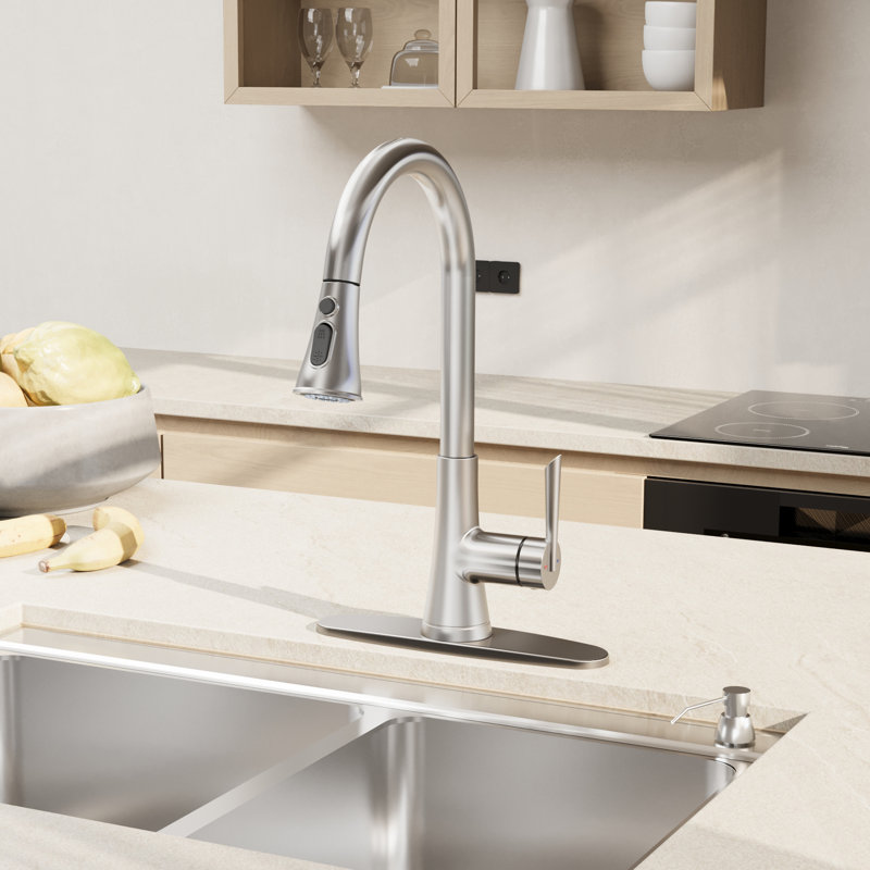 Kitchen Faucet with Pull Down Sprayer, Single Handle, Stream/Spray/Pause, Brushed Nickel, Includes Deck Plate & Soap Dispenser