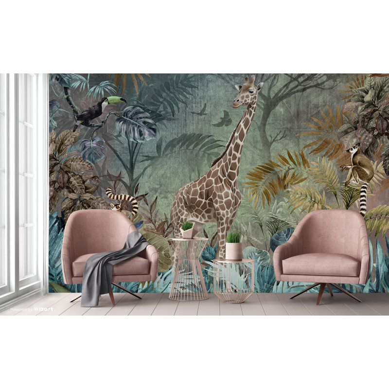 Murale de papier peint Enchanting Safari Giraffe And Lemurs, L 1320 po x l 122 po, Brun