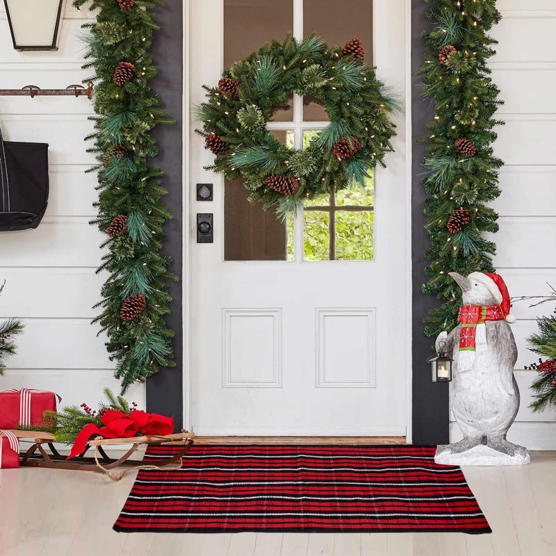 Tapis rouge et noir à motif écossais Noël tissé à la main 27,5 x 43 po Buffalo