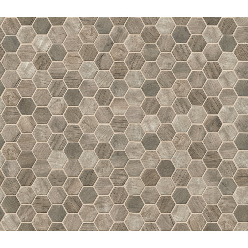 Carreau de mosaïque de plancher et de mur en verre romain hexagonal 11 po x 13 po Roman Timber
