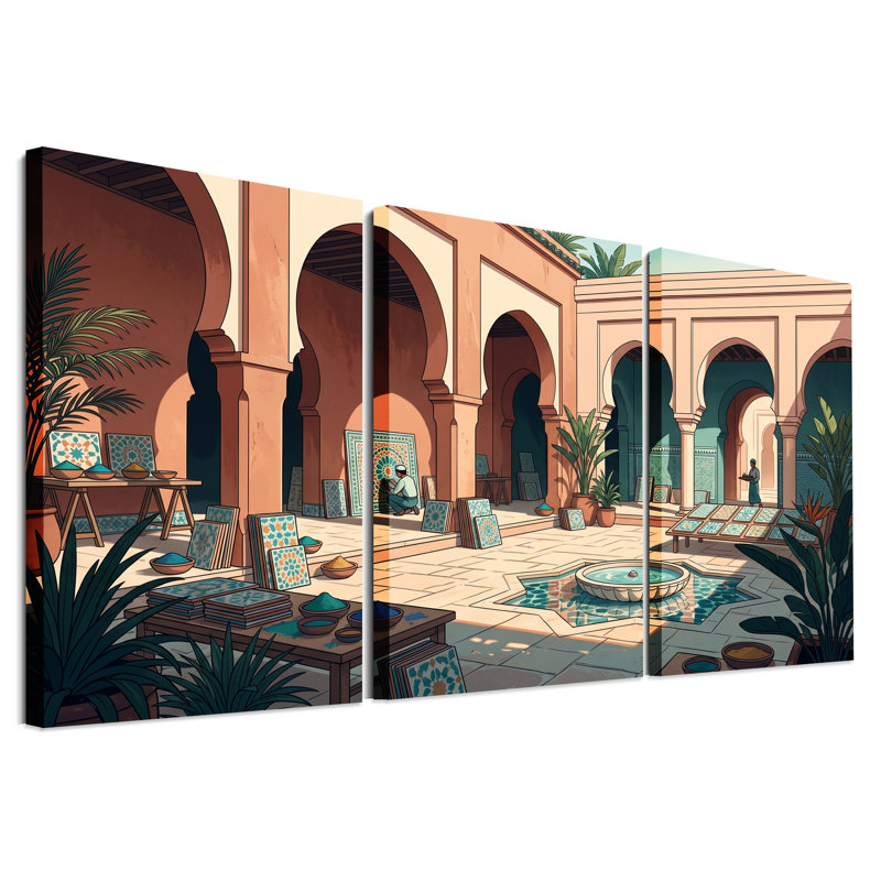 Cour marocaine avec mosaïque de tuiles et fontaine, ensemble de 3 toiles, 36"H x 24"W x 3pcs