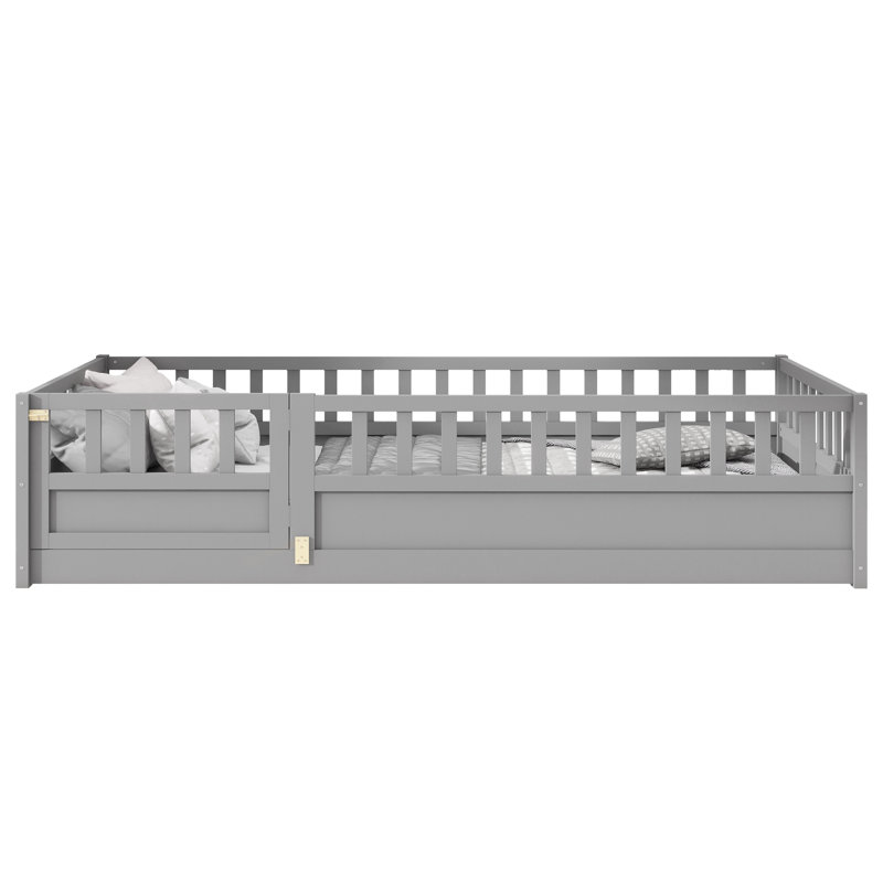 Twin Montessori Floor Bed With Door & Rails, Gray, Twin