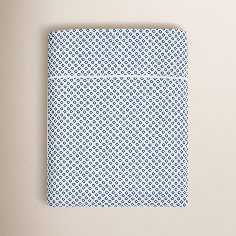 Emma 300 Thread Count Geometric 100% Cotton Flat Sheet, Full/Queen Flat Sheet, Blue