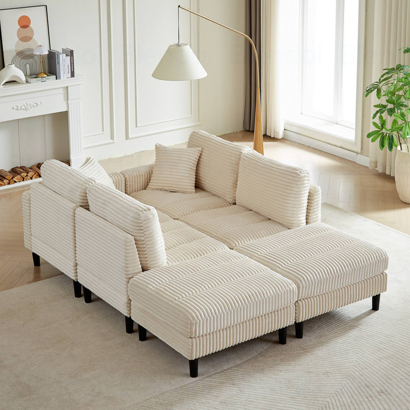 Canapé modulaire en U avec 2 coussins, Velours côtelé beige