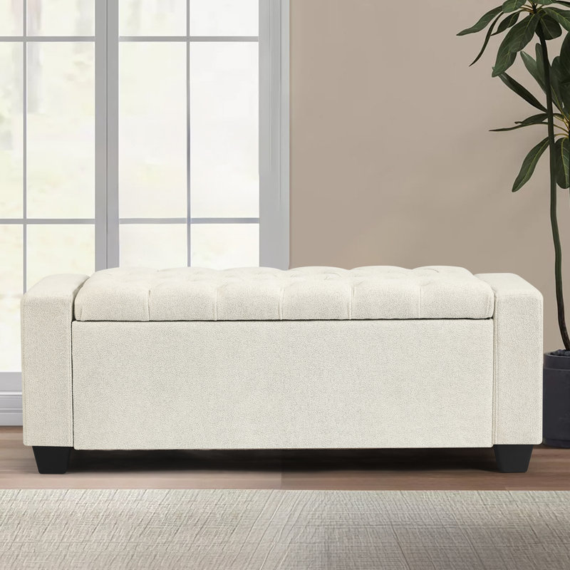 49-Inch Storage Upholstered Storage Ottoman Bench, Ivory