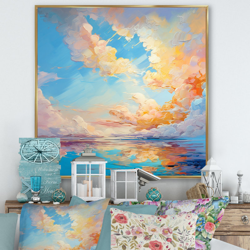 Turquoise, nuage, charme vif - imprimé, Cadre flottant doré, H 24 po x l 24 po x P 1 po