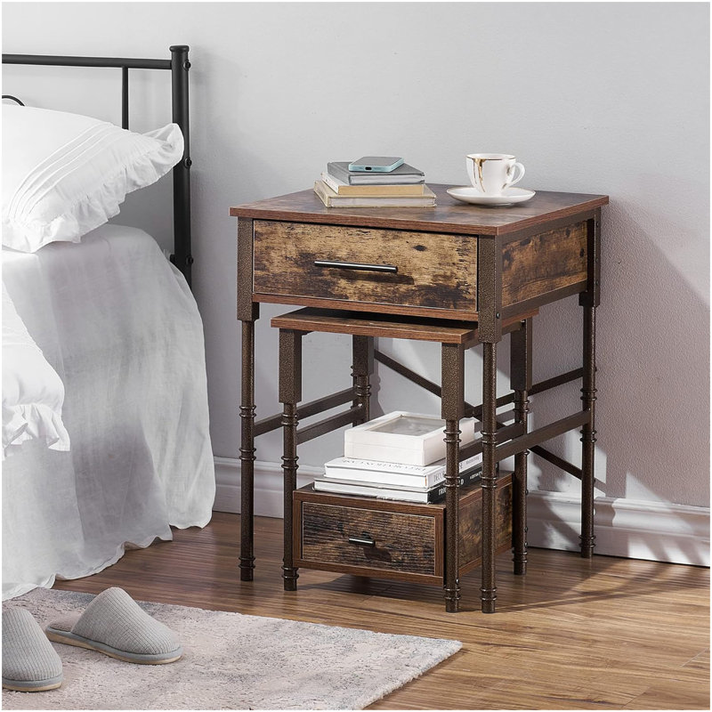 Tables de bout gigognes avec tiroirs, structure en métal et plateau en bois, petites et grandes tables d'appoint empilables pour le salon, la chambre à coucher et le canapé (brun)
