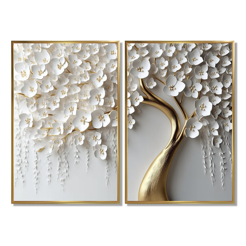 Orchidée blanche jardin de branches IV - ensemble de 2 reproductions d'art sur toile florales (sans texture), Doré