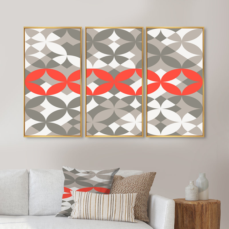 Fleur rouge sur fond gris et blanc - ensemble de 3 toiles encadrées, H 32 po x l 48 po x P 1 po, Blanc