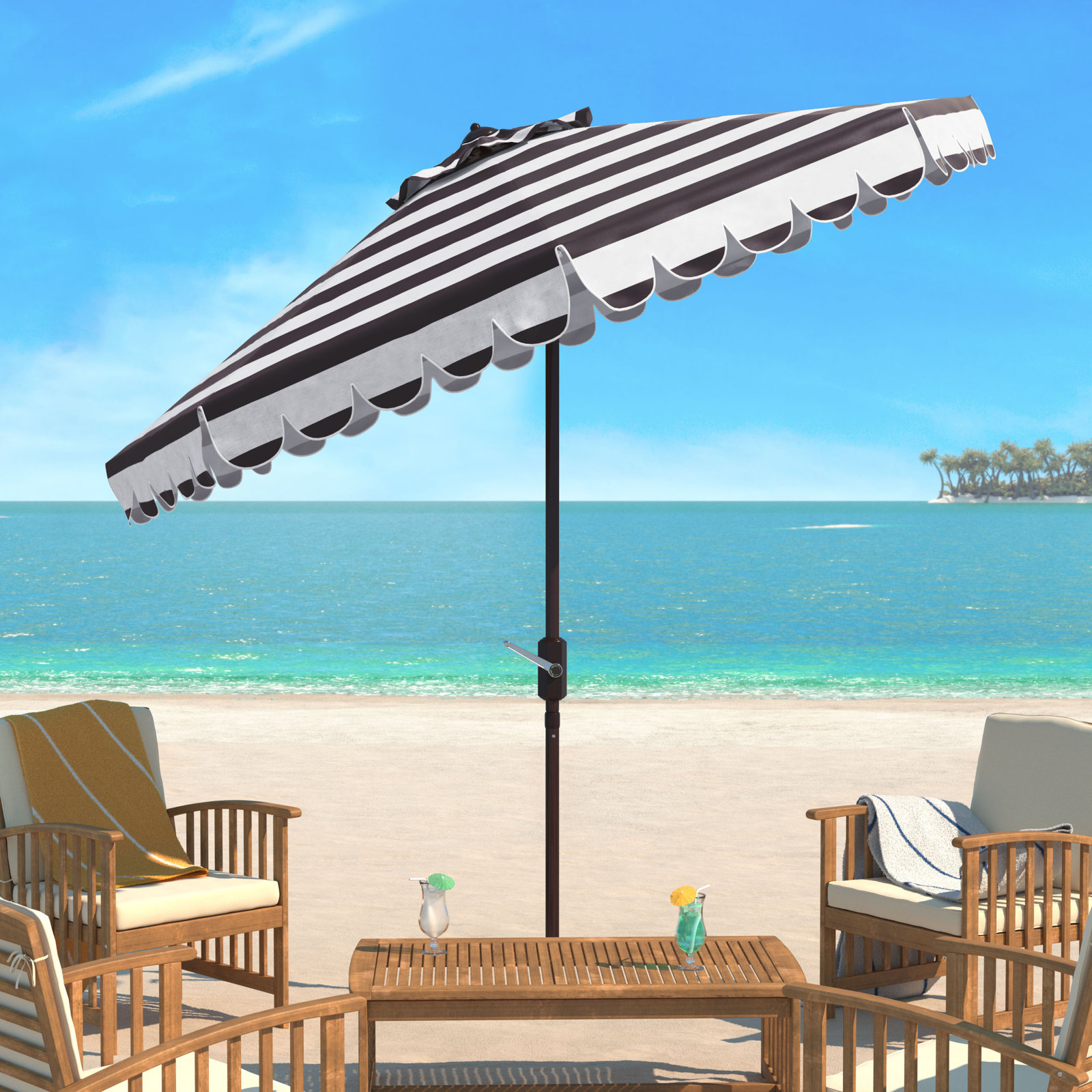 Natalee 108" Scalloped Tilt Top Market Umbrella, Black/White