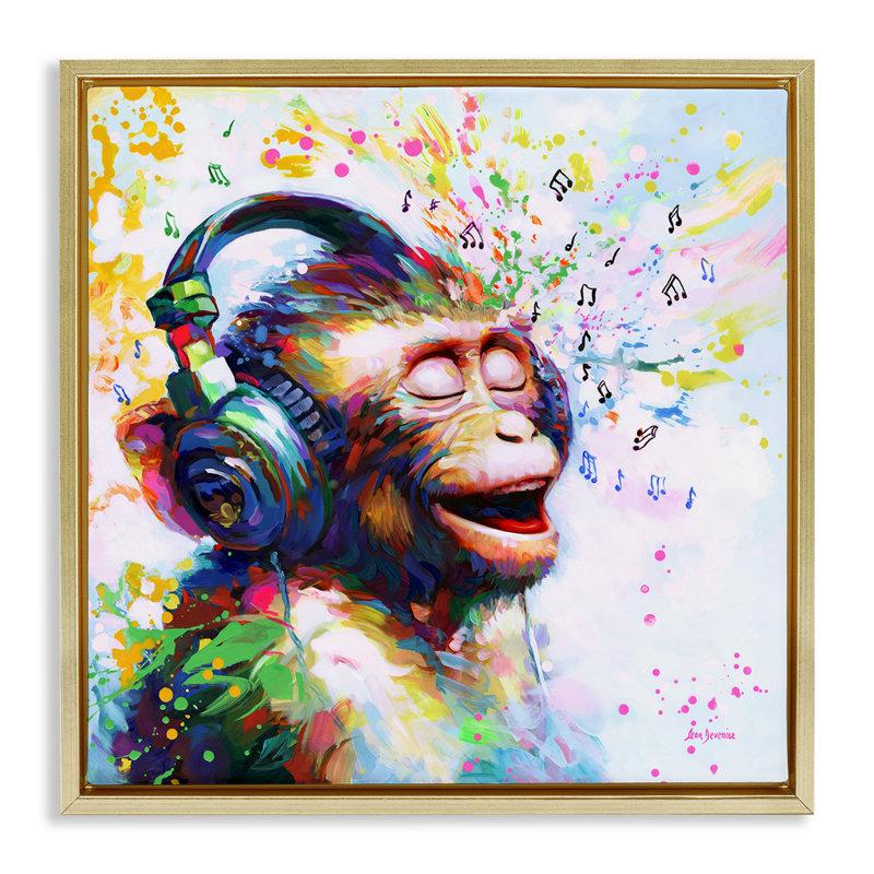 "Blissful Beats Monkey", art mural encadré flottant par Leon Devenice, Cadre flottant métallique doré, H 25 po x l 25 po