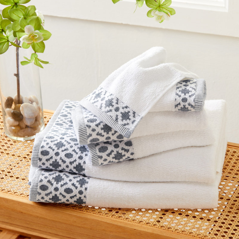 Ensemble 6 serviettes de bain en coton Shalyssa, Blanc / Gris foncé