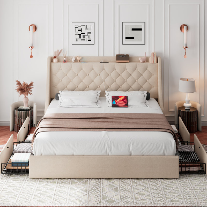 Einhomn Queen Bed Frame With 4 Storage Drawers, Upholstered Platform Bed Frame With Type-c & Usb Ports, Wingback Storage Headboard,beige