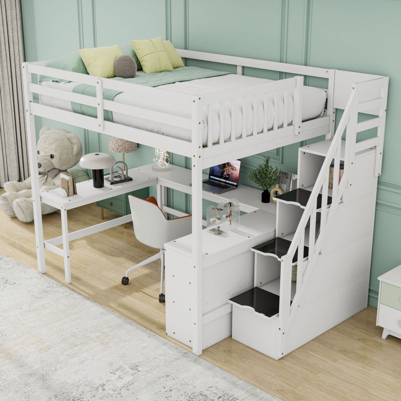 Lit mezzanine double avec bureau en L, tablettes et escalier de rangement, Blanc