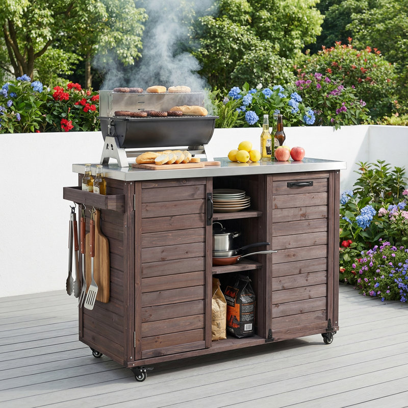78.3" Oversized Foldable Outdoor Kitchen Island, Solid Rolling Bar Cart with Stainless Steel Top & Trash Storage for Lawn Garden BBQ