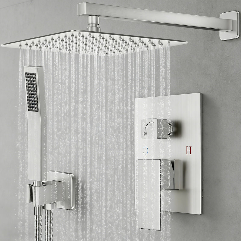 12 Inch Square Rain Shower Head And Hand Held Showerhead, Wall Mounted Shower Fixtures With Shower Valve And Trim Kit