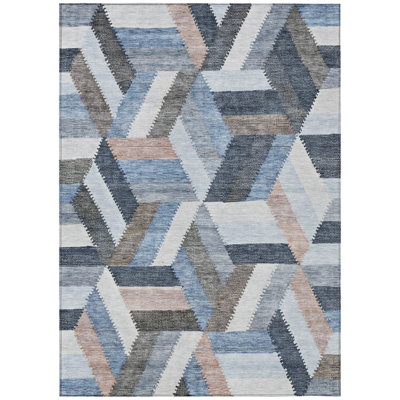 Tapis géométrique lavable intérieur / extérieur 5 pi x 8 pi bleu