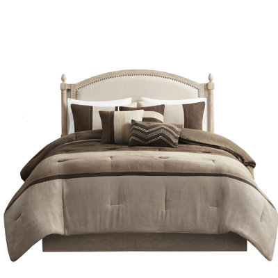 7 Piece Comforter In Brown Faux Suede - King With Pieced Design Bedding 2 Matching Shams & Colorful Pillows