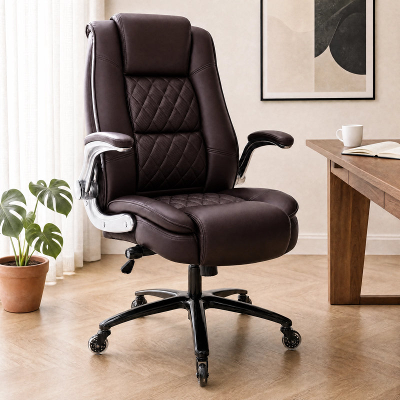 Modern Leather Executive Office Chair With Flip-Up Armrests And Adjustable Lumbar Support, Brown