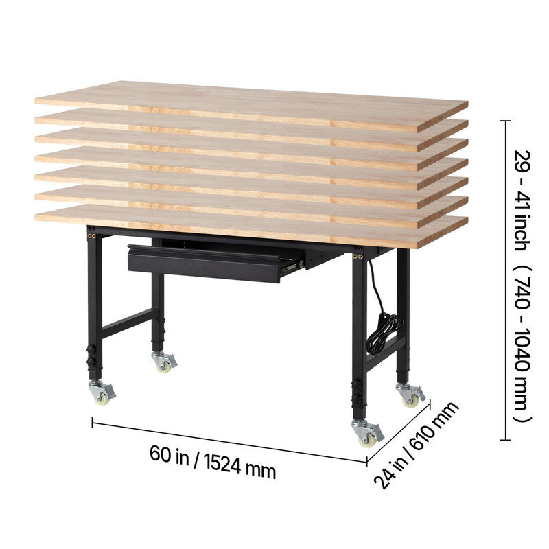 Établi robuste sur roulettes réglable, plateau en bois de chêne 60 x 24 pouces, capacité de 2000 lb avec tiroir et prises de courant pour garage