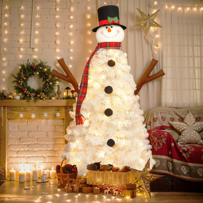 Arbre de Noël illuminé 4 pi avec 100 lumières, arbre de Noël artificiel en forme de bonhomme de neige, arbre de Noël avec 380 branches, décoration de fête en PVC à l'intérieur et à l'extérieur
