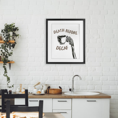 Death Before Decaf Skeleton Framed Print Under Glass, design by JJ Design House LLC