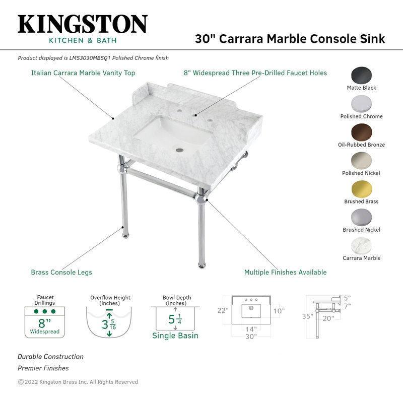 Kingston Brass Pemberton 30-Inch Carrara Marble Console Sink with Brass Legs (8-Inch, 3-Hole), White/Matte Black