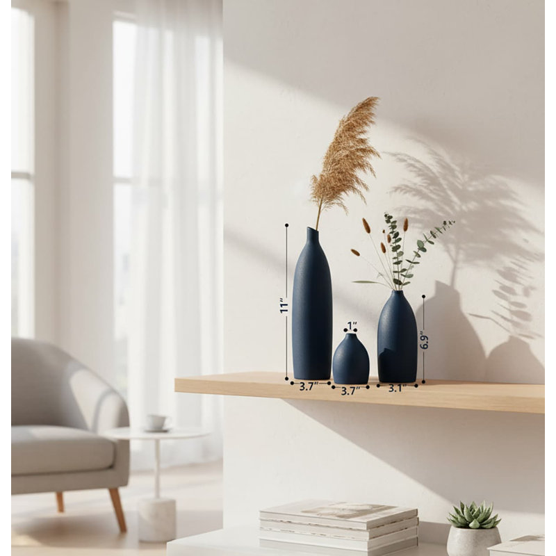 Blue & White Ceramic Vase Set - 3.1"L×3.1"W×11"H | Coastal Navy Home Decor for Table/Fireplace, Navy Blue