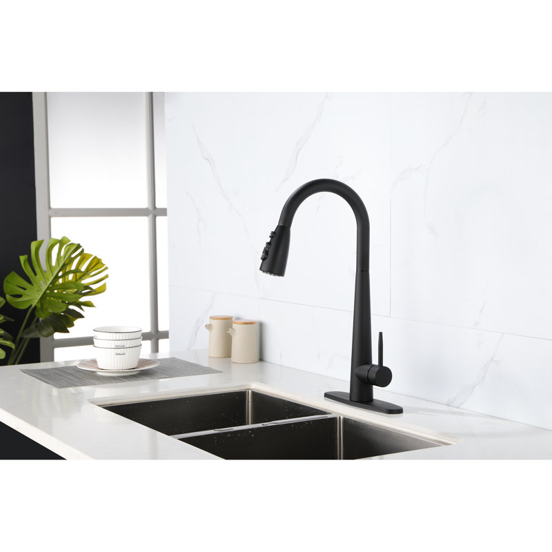 Black Pull Down Kitchen Faucets, Matte Finish, Single Handle, Deck Mounted, Easy To Control Water Temperature Modern Sink Faucet With , , Installation