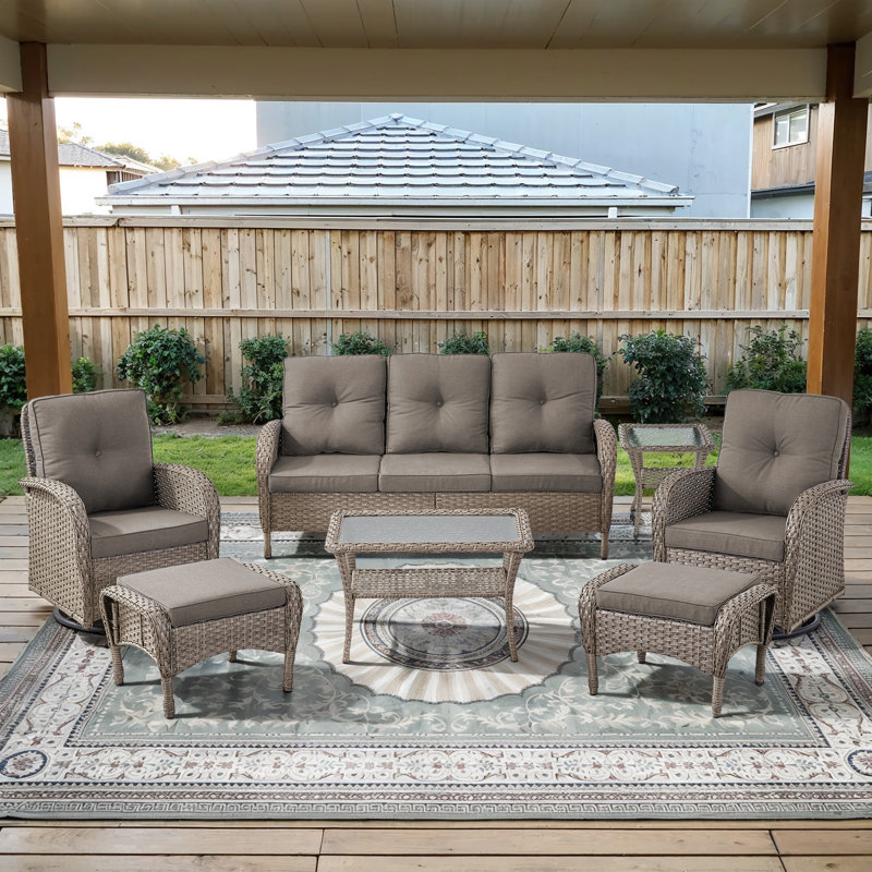 Esquer 7-Pieces Outdoor Courtyard Wicker Sofa Conversation Set With Swivel Chairs, Gray