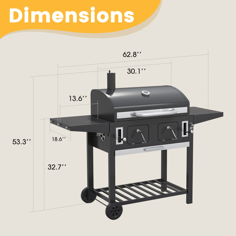 Barbecue au charbon 30 po avec plateaux relevables et 2 tables d'appoint pliables